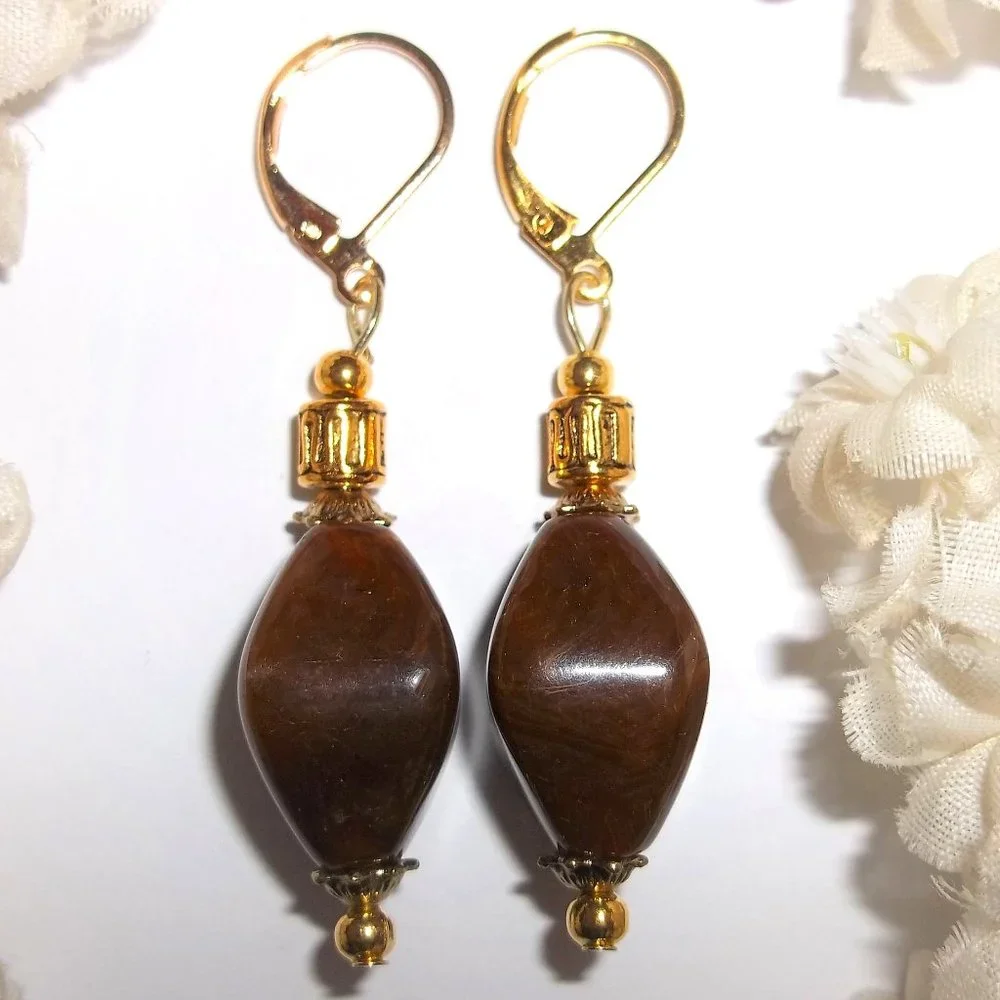 Earrings, Dangle Earrings, Beaded Earrings, Brown and Gold Earring, Earring 7714